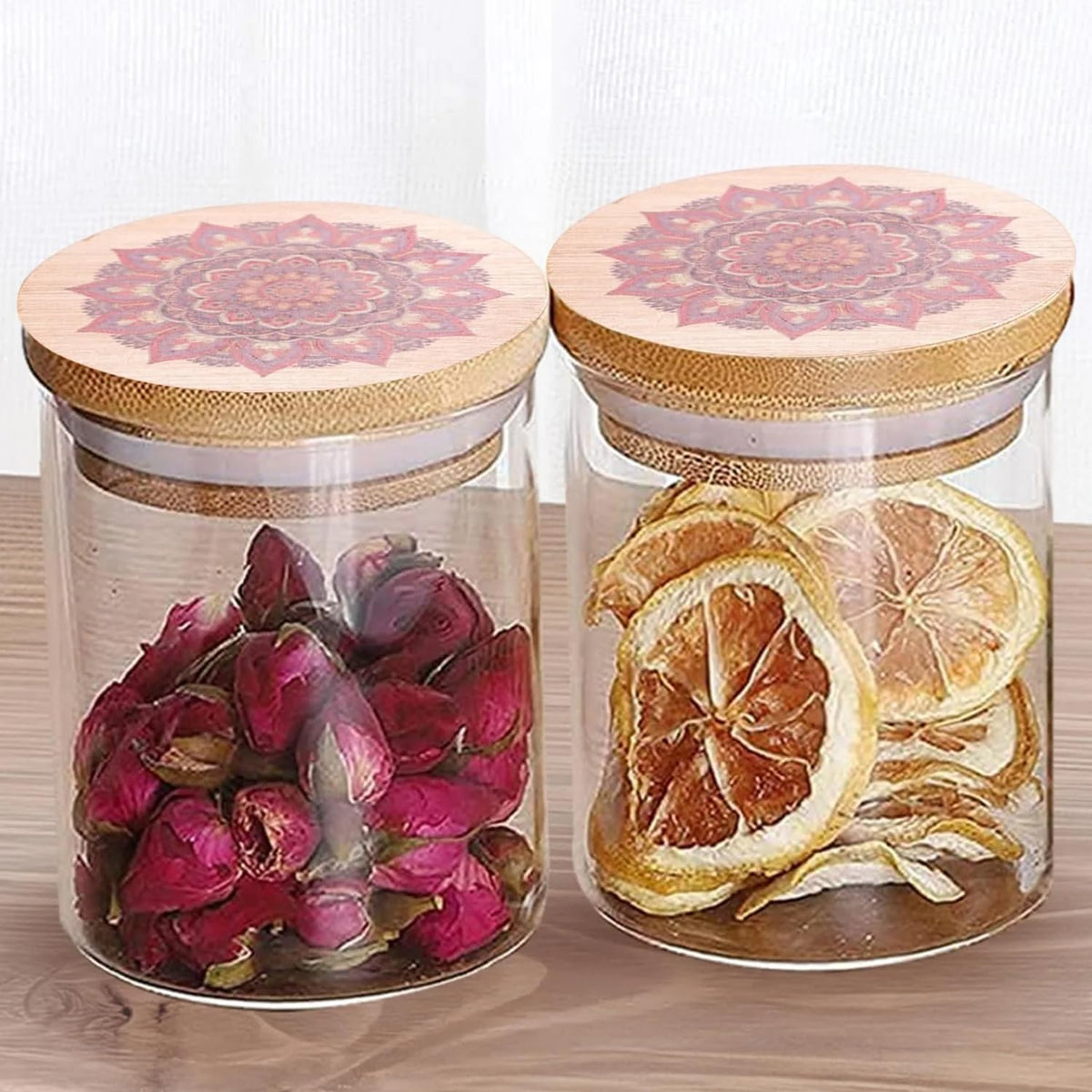 Ekhasa Airtight 100% Borosilicate Glass Jars with Printed Bamboo Lid (Set of 2, 300ml) | Glass Container for Kitchen Storage | Kitchen Containers Set Glass | Air Tight Glass Jar with Wooden Lid