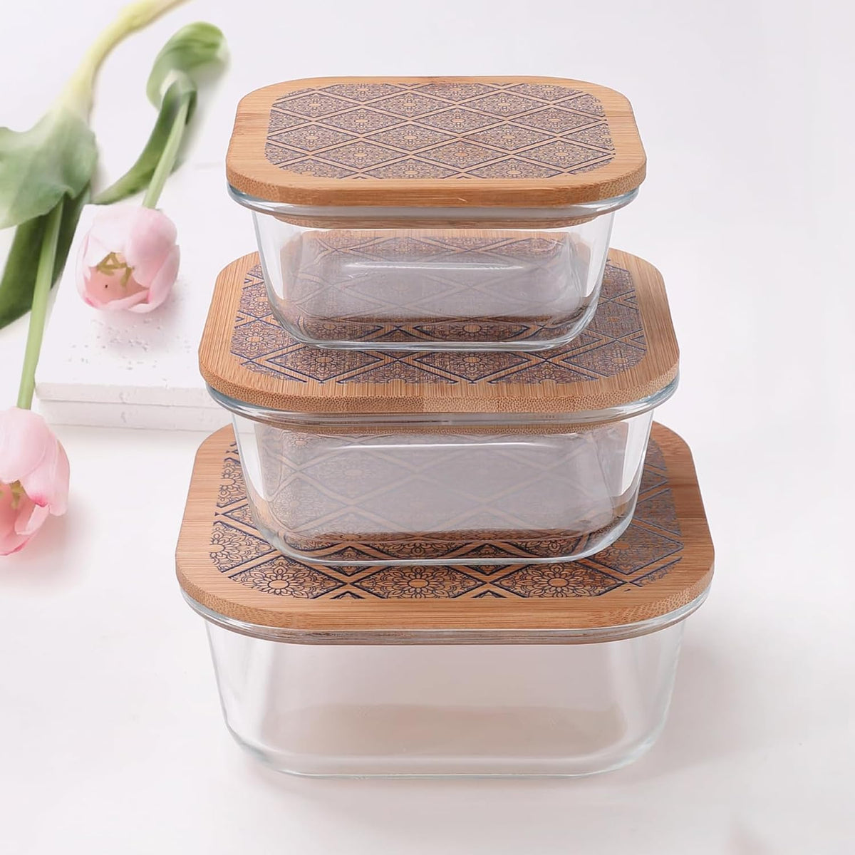 Homestic Pack of 3 Borosilicate Glass Kitchen Containers with Bamboo Lid | 310ml 510ml 800ml | Airtight Square Fridge Storage Boxes | Glass Jars for Cereal, Dry Fruits | Blue Pottery Print