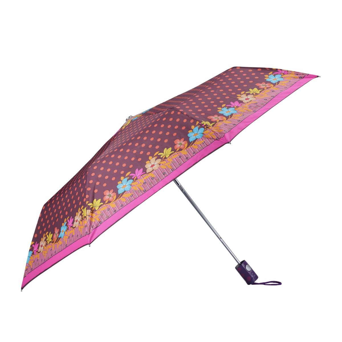 THE CLOWNFISH Umbrella Polka Dot Series 3 Fold Auto Open Waterproof Water Repellent Nylon Double Coated Silver Lined Umbrellas For Men and Women (Chocolate with Dark Pink border)