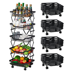 Kuber Industries 5-Layer Collapsible Kitchen Rack|Multipurpose Storage Basket|360-Degree Rotable Kitchen Trolley|Fruit Basket Pack of 5 (Black)