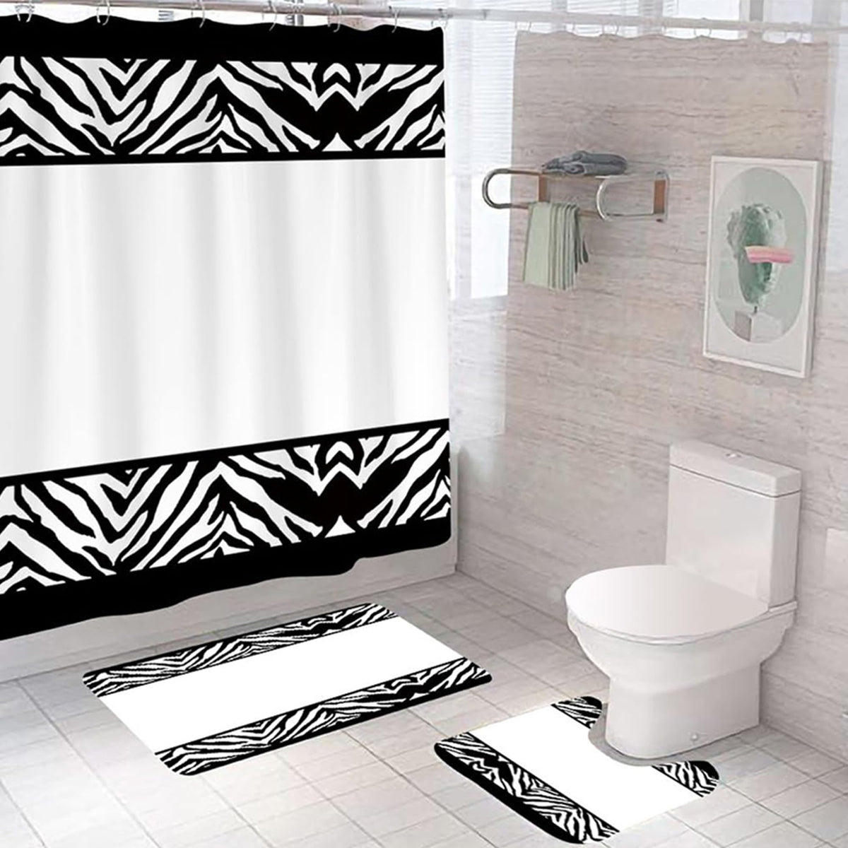 THE BETTER HOME Shower Curtain & Bathroom Mat Set (3pc) | 6 Ft Shower Curtains for Bathroom| U-Shaped Anti Skid Mat for Bathroom Floor | Non Slip Mat for Bathroom | Mold Resistant | Midnight Pattern