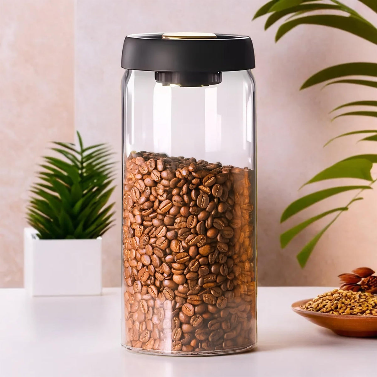 UMAI Borosilicate Glass Jar for Kitchen Storage with Vacuum Plastic Lid | 1800ml | Multipurpose Airtight Jars for Cookies, Snacks, Spices, Coffee, Sugar, Dry Fruits, Nuts |