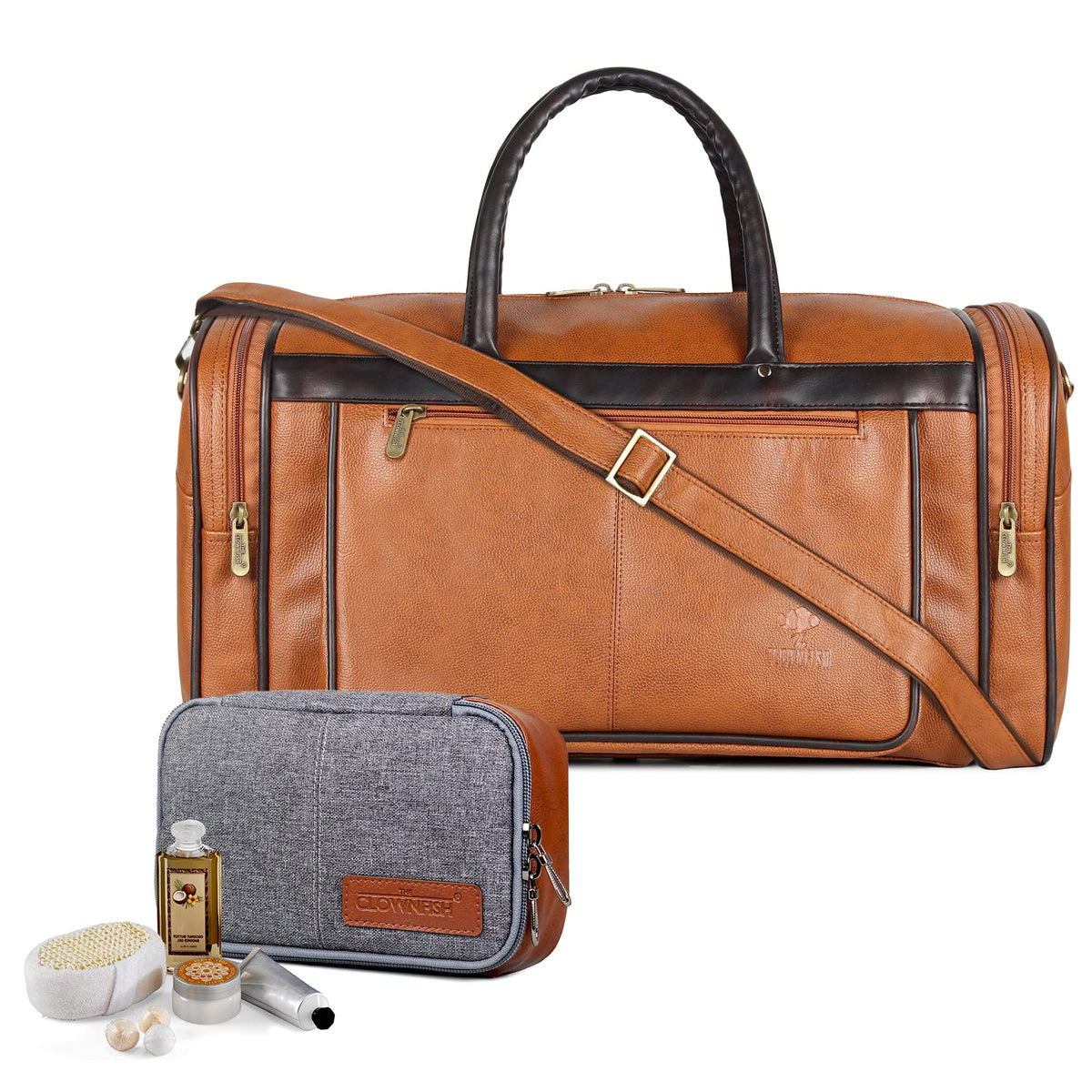 The Clownfish Combo of Milo 38 litres Faux Leather Travel Duffle Bag (Tan) & The Clownfish Travel Pouch Toiletry Bag (Grey)