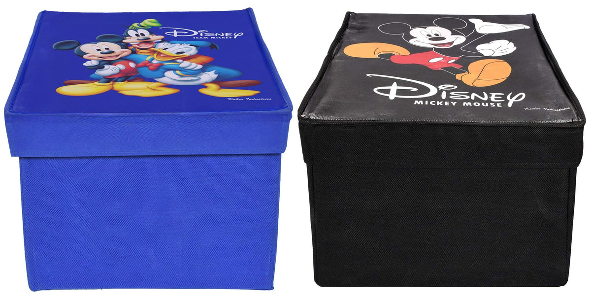 Kuber Industries Disney Tram Mickey Mouse Print Non Woven Fabric Foldable Cloth Storage Wardrobe Organiser Box with Lid, (Extra Large, Black & Royal Blue, 2 Pieces)-KUBMART1733