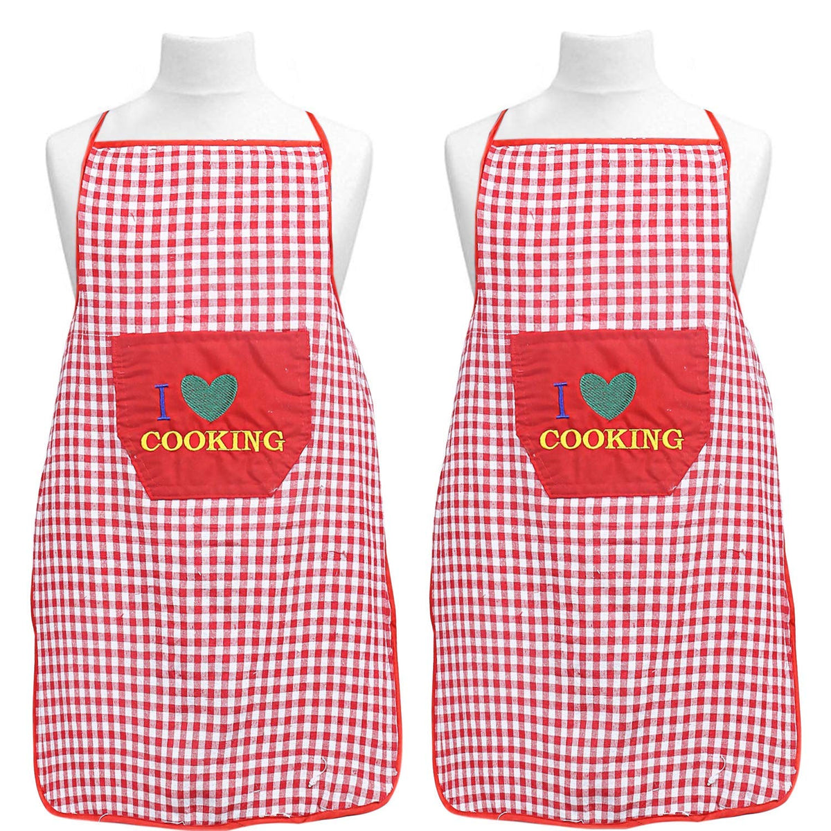 Kuber Industries Apron with Front Pocket|Checkered Design & Premium Cotton|Adjustable Neck Strap & Waist Belt|Unisex Size Standard, Pack of 2 (Red)-CTKTC13739