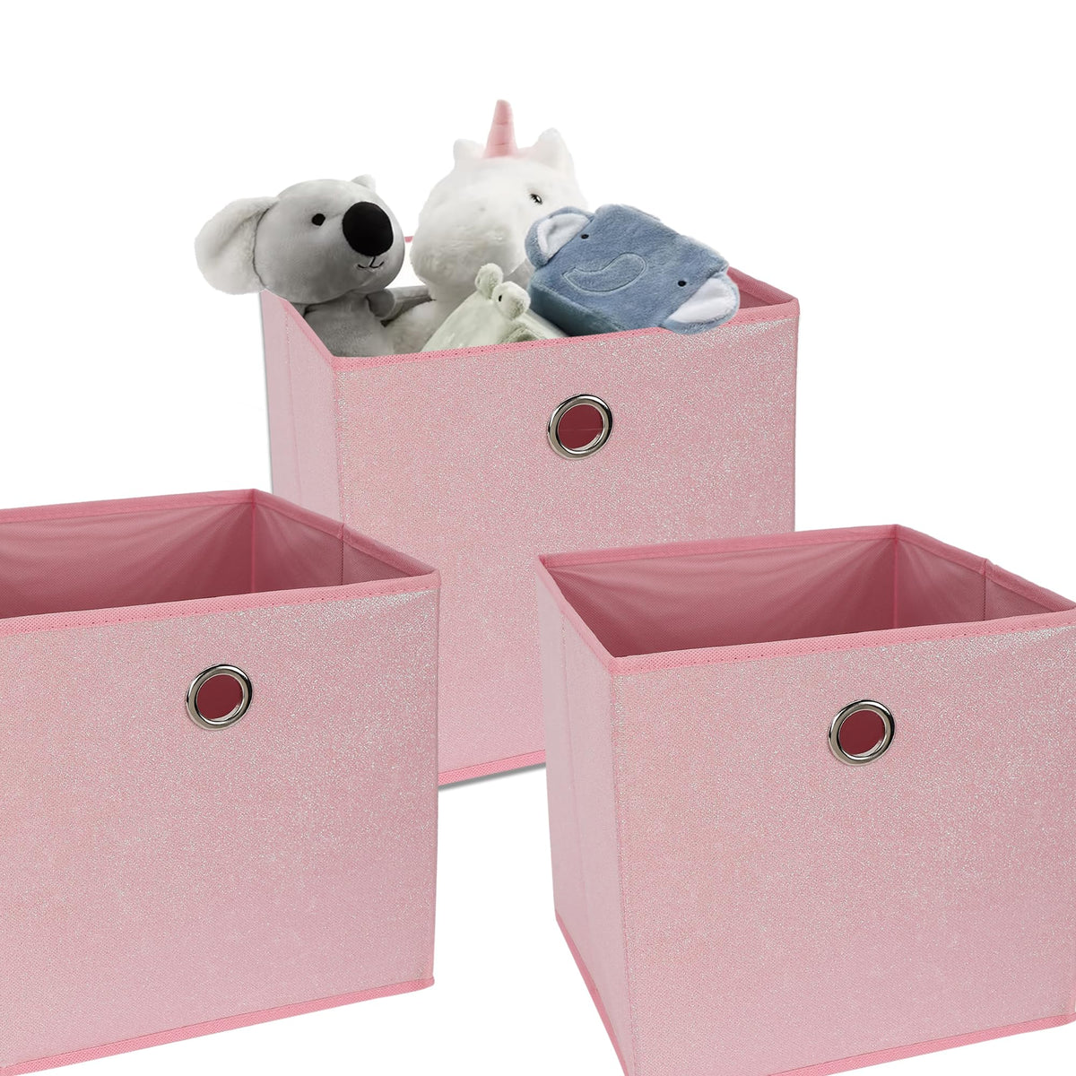 Anko Polyester Foldable Storage Box for Clothes, Books, Toys | Set of 3 | Sturdy, Durable Fabric with Strong Eyelets | Collapsible Organizer for Home, Office, Bedroom | Sparkle Pink | 10.6 inches