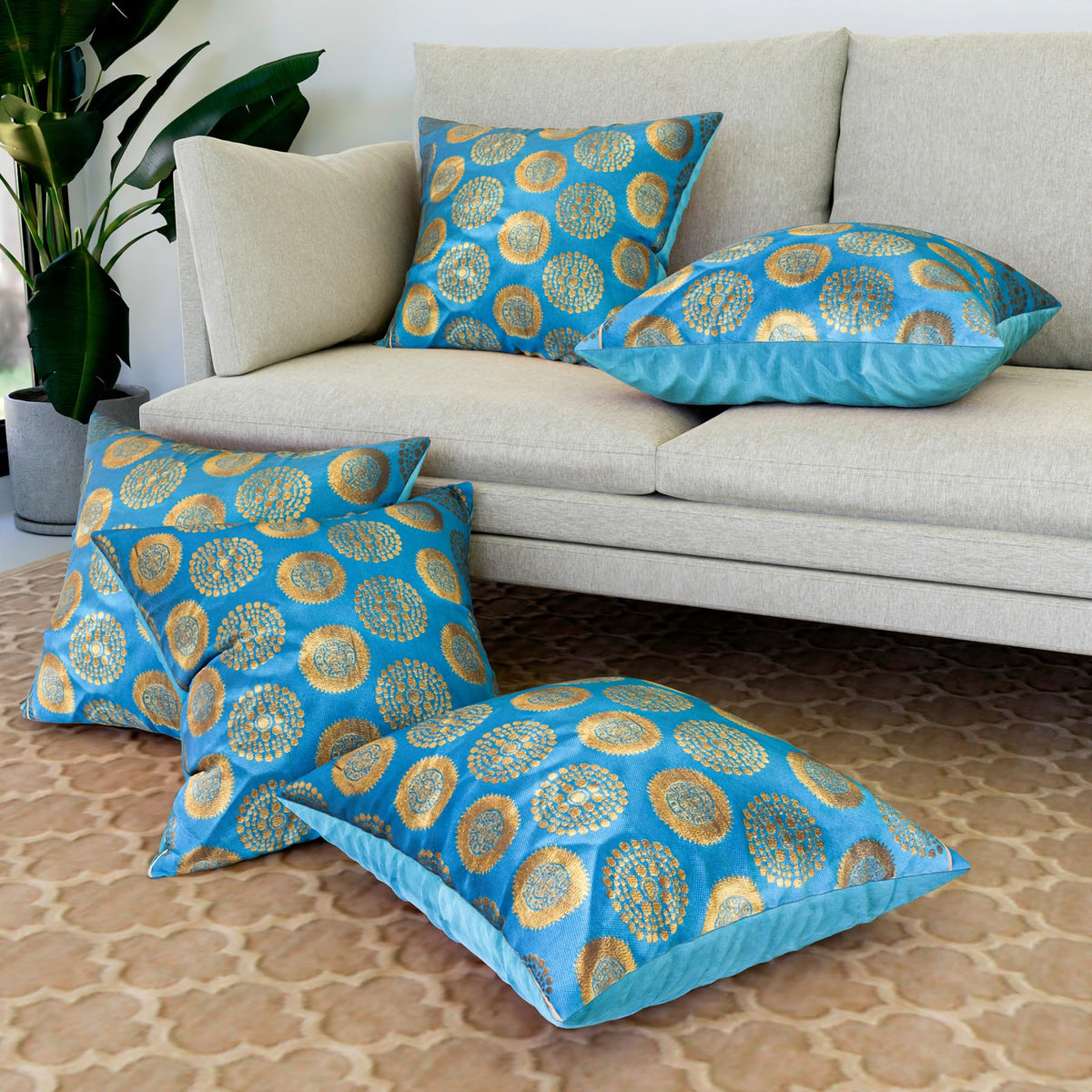 Kuber Industries Cushion Cover | Pillow Covers for Sofa | Throw Cushion Cover | Polyester Cushion Covers | Banarasi Gola Cushion Covers | Set of 5 | 16 Inch | Firozi