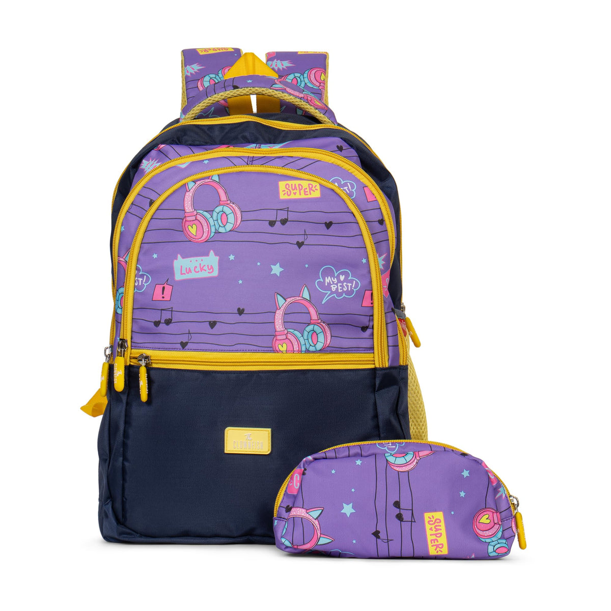 The Clownfish Edutrek Series Printed Polyester 33.5 L School Backpack with Pencil/Stationery Pouch School Bag Zip Pocket Daypack Picnic Bag For School Going Boys & Girls Age-10+ years (Violet - Music)