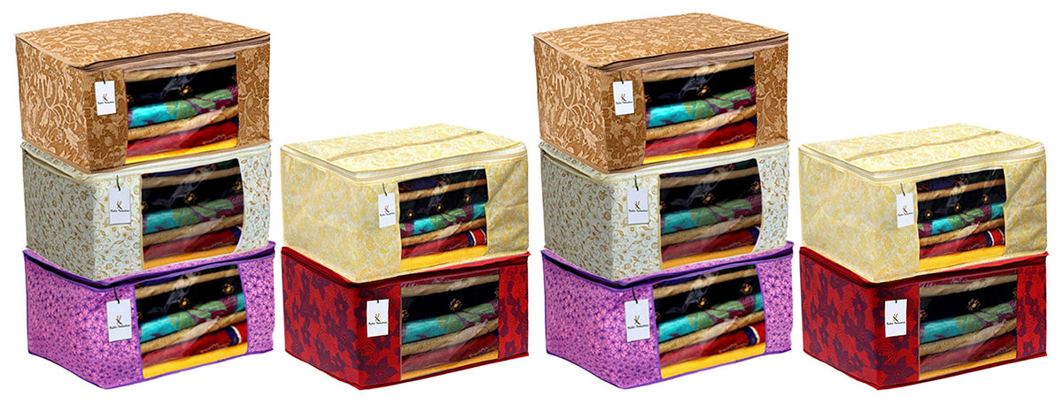Kuber Industries Metalic Printed 10 Piece Non Woven Fabric Saree Cover Set with Transparent Window, Extra Large, Red & Beige & Brown & Pink Purple & Gold -CTKTC40984, Standard