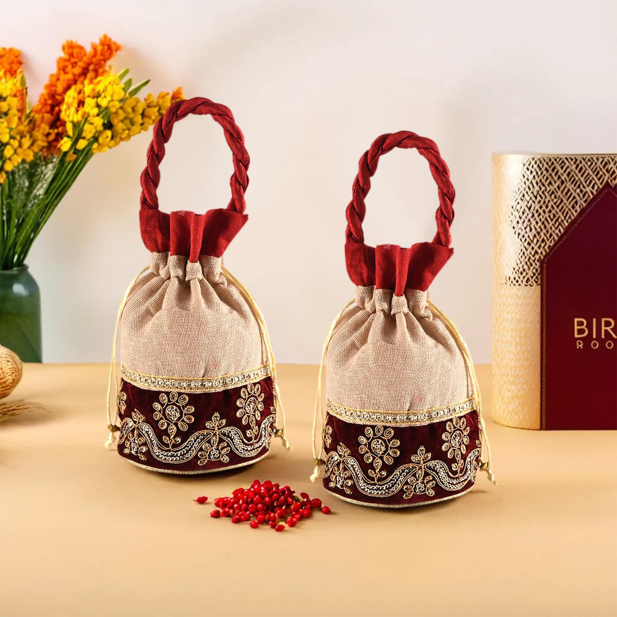 Heart Home Potli | Wedding Potli | Drawstring Potli with Handle | Wallet Potli | Christmas Gift Potli | Baby Shower Potli | Traditional Shagun Potli | Pack of 2 | Cream & Maroon