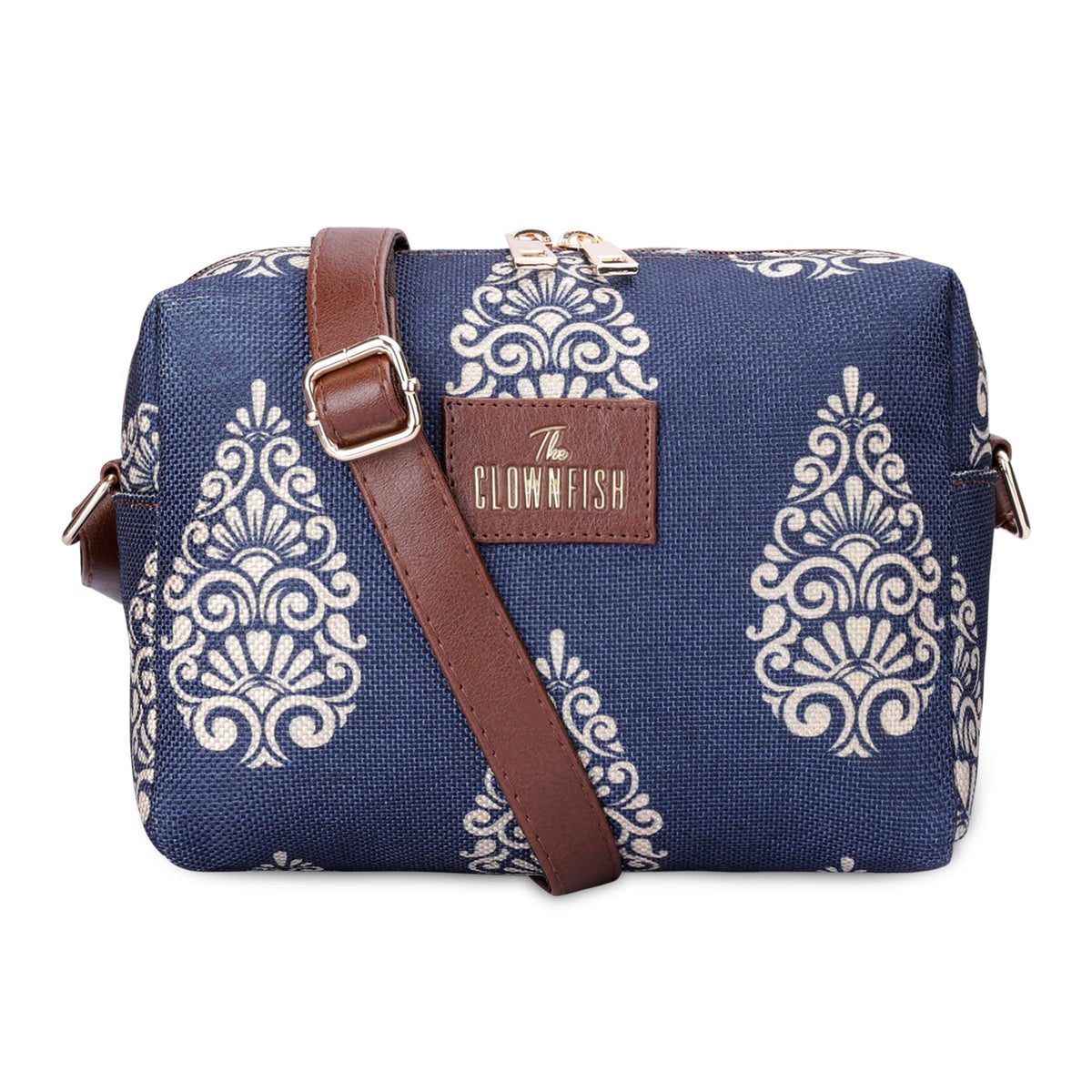 THE CLOWNFISH Isla Printed Handicraft Fabric Crossbody Sling bag for Women Casual Party Bag Purse with Adjustable Shoulder Strap for Ladies College Girls (Navyblue-Design)