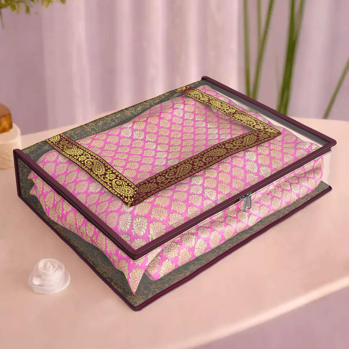 Heart Home Saree Cover | Clothes Storage Bag | Storage Organizer Bag | Zip Closure Saree Cover | Transparent Wardrobe Organizer | U Gota Lace Carry-Design | 6 Inch | Maroon