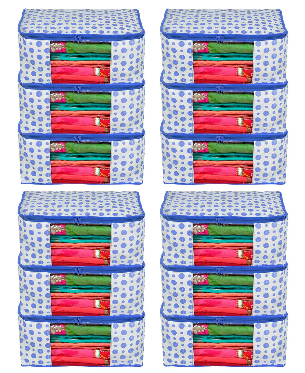 Kuber Industries Dot Printed Non-Woven Saree Cover, Cloth Organizer, Wardrobe Organiser With Tranasparent Window- Pack of 12 (Blue)-46KM0504