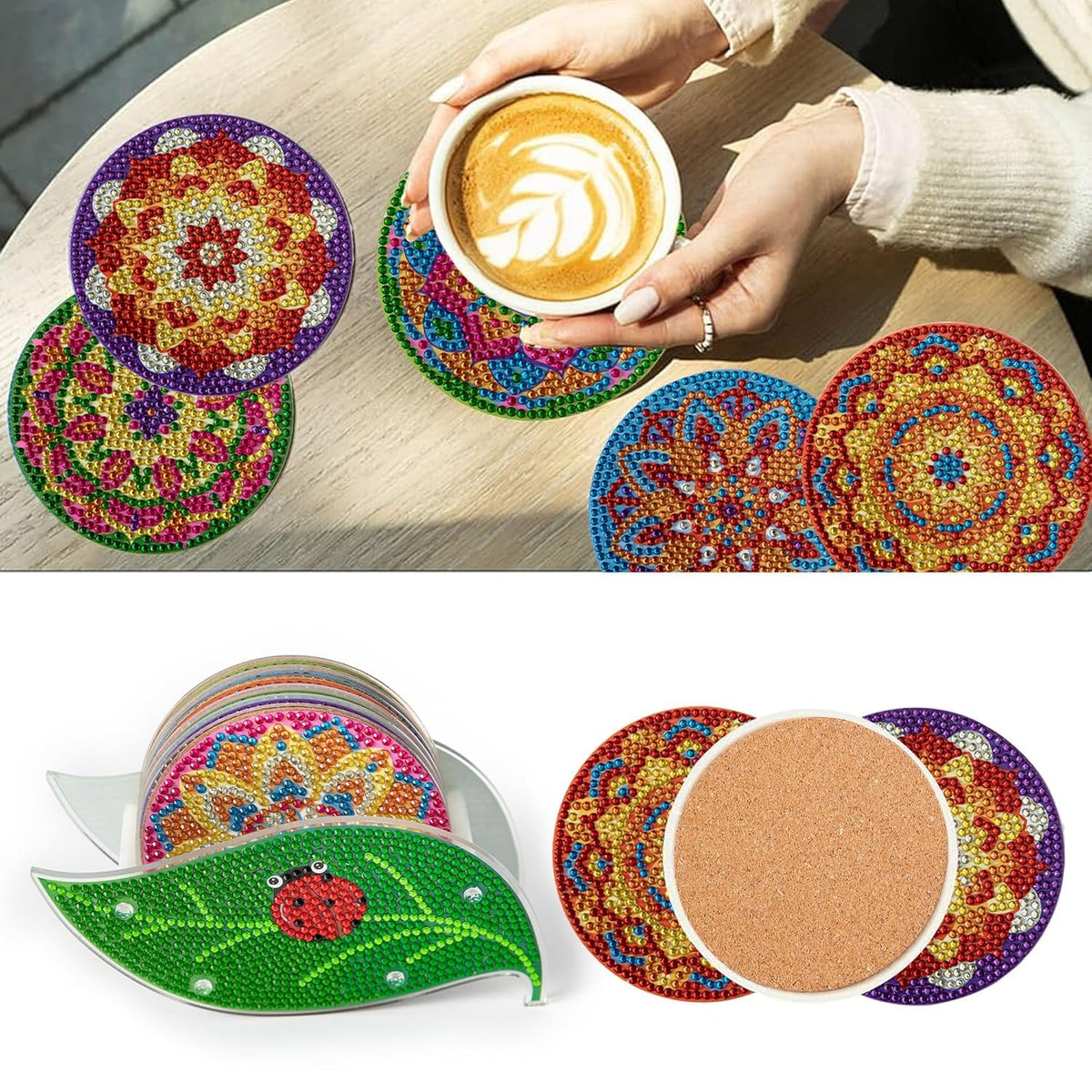 Ekhasa DIY Coffee Tea Coasters Set of 6 with Acrylic Beads & Holder | Coasters for Dining Table for Hot Pots | Table Coasters Decorative Items for Home Decoration | Cup Cover Lid for Glass, Cup