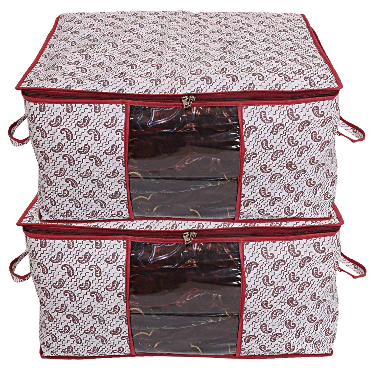 Kuber Industries Cairy Design 2 Piece Non-Woven Underbed Storage Organiser/Organiser, Extra Large (Maroon)