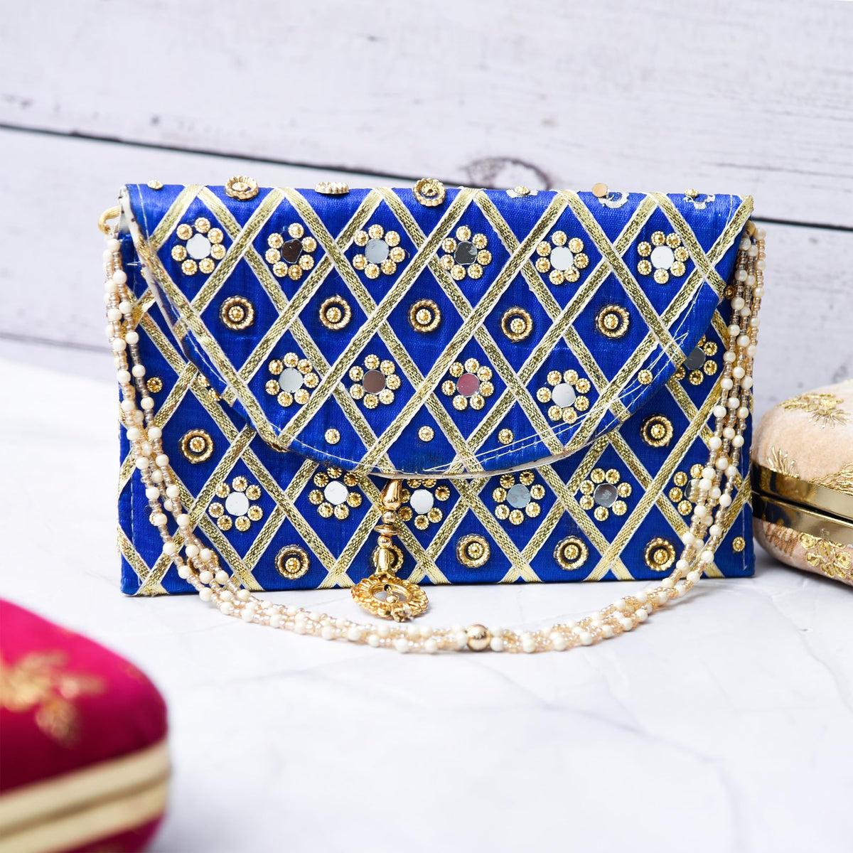 Kuber Industries Clutch Purse | Hand Purse | Ladies Hand Purse with Handle | Traditional Shagun Purse | Baby Shower Purse | Gifting Clutch Purse | Mirror Check Purse | Blue