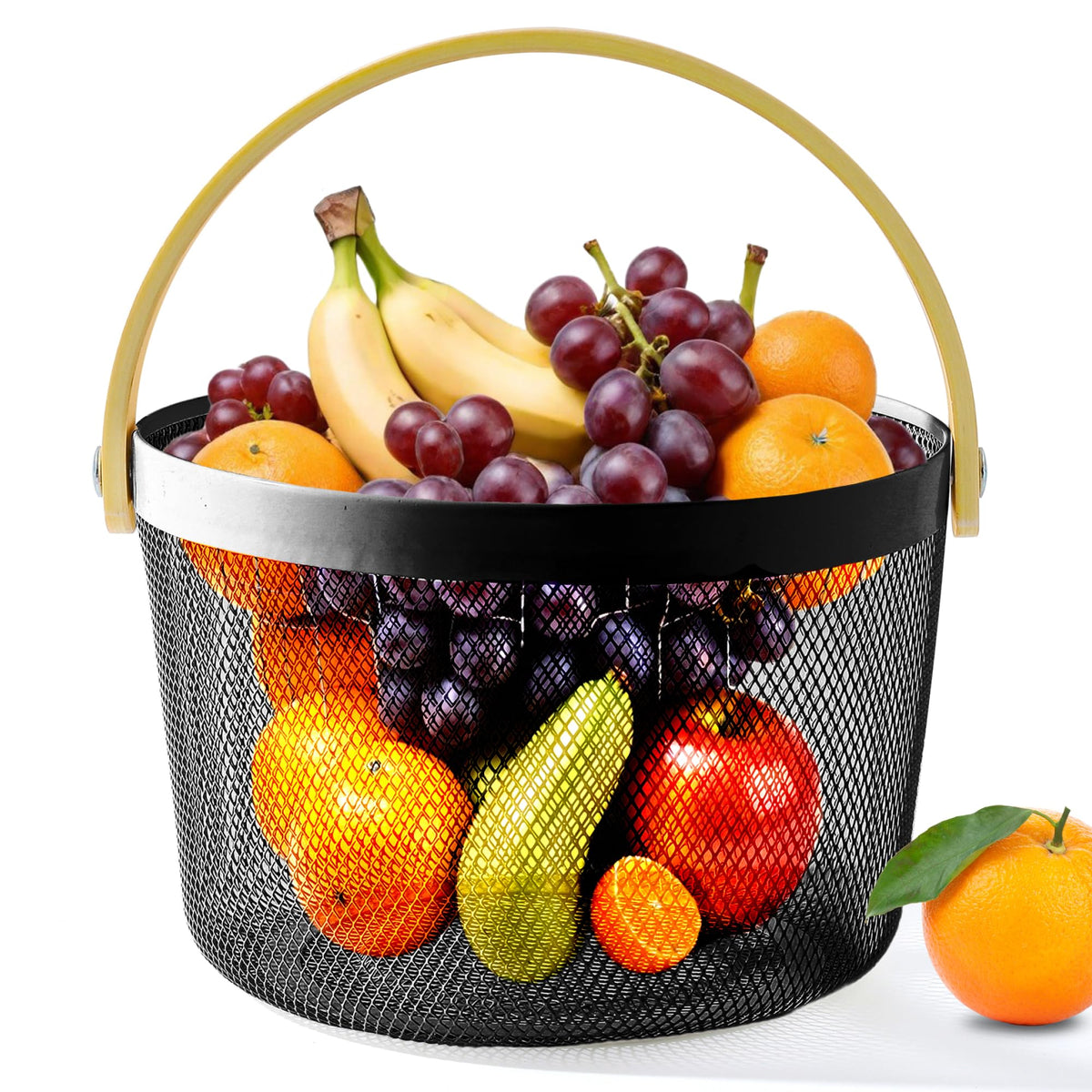 UMAI Metal Mesh Basket for Storage with wooden handle | 400 Gm | Fruit Basket and Vegetable Basket for Kitchen | Baskets for Organizing Home | Multipurpose | Black