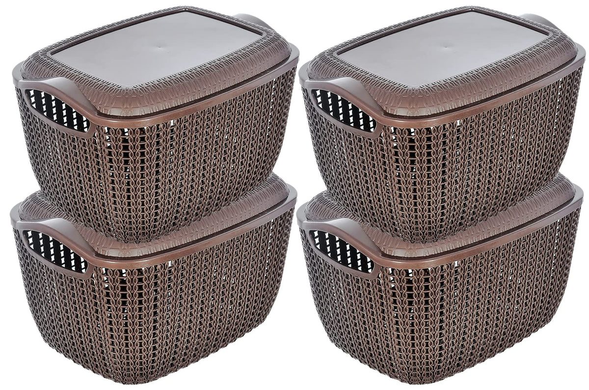 Heart Home Multiuses Large M 30 Plastic Basket/Organizer With Lid- Pack of 4 (Brown) -46HH011