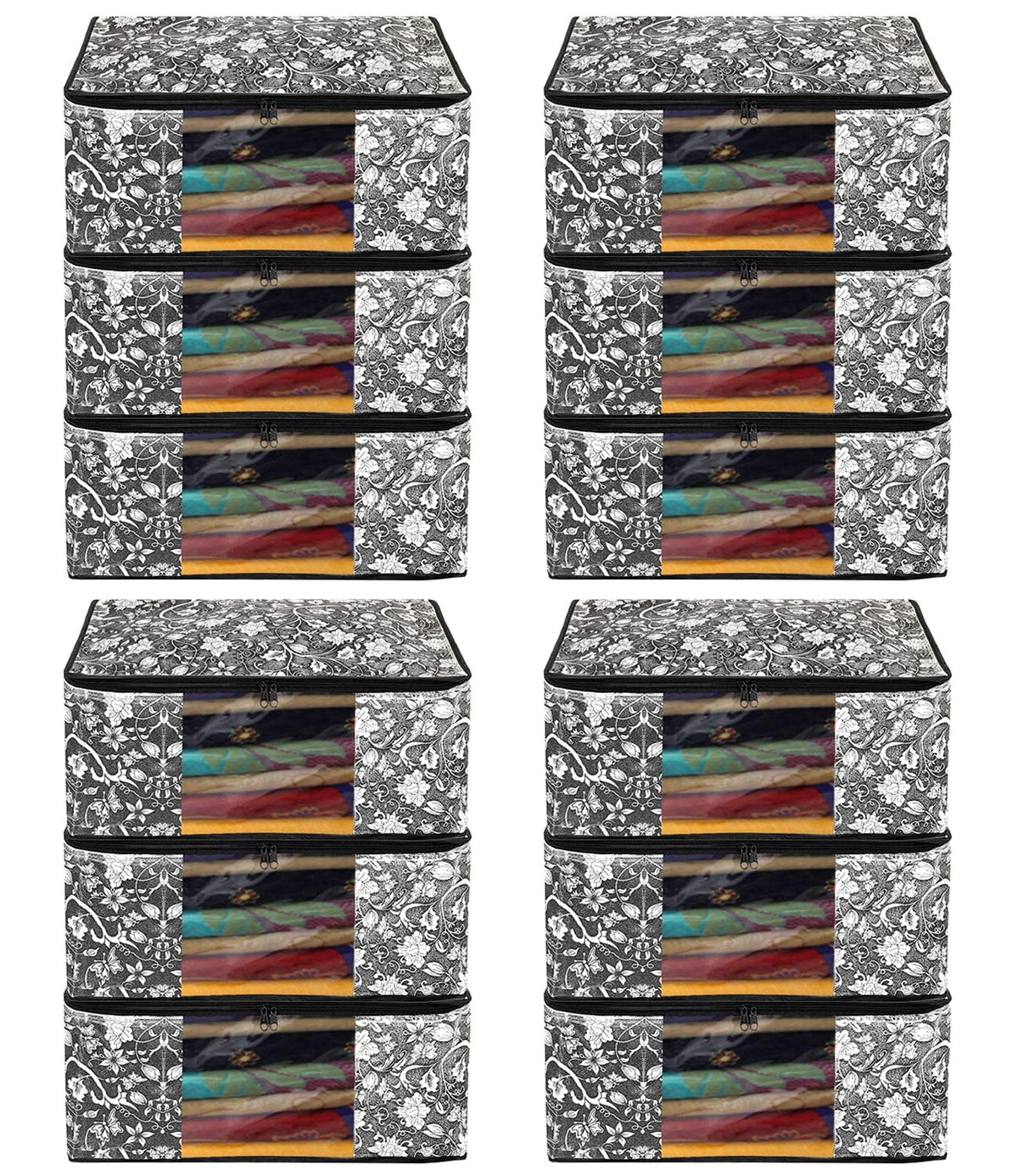 Kuber Industries Flower Design Non-woven Sarees, Clothes Cover/Organizer With Transparent Window- Pack of 6 (Grey & Cream)-44KM0356