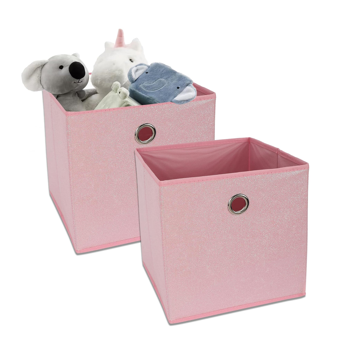 Anko Polyester Foldable Storage Box for Clothes, Books, Toys | Set of 2 | Sturdy, Durable Fabric with Strong Eyelets | Collapsible Organizer for Home, Office, Bedroom | Sparkle Pink | 10.6 inches