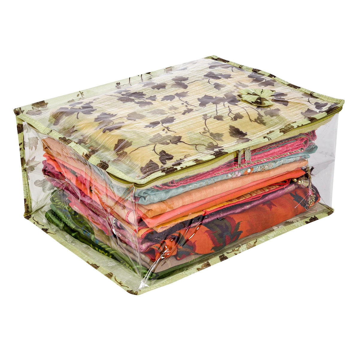 Kuber Industries Saree Cover | Zip Closure Saree Cover | Clothes Storage Bag | Wardrobe Organiser for Suit | Side Transparent Saree Cover | Bow-Leaf-Design | 9 inch | Green