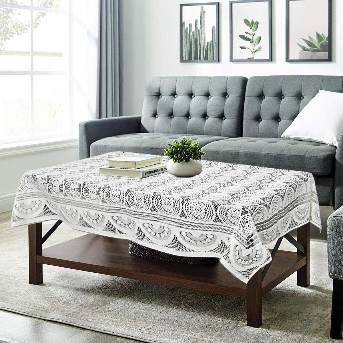 Kuber Industries Circle Design Cotton 4 Seater Center Table Cover - (White)-KUBMART02717