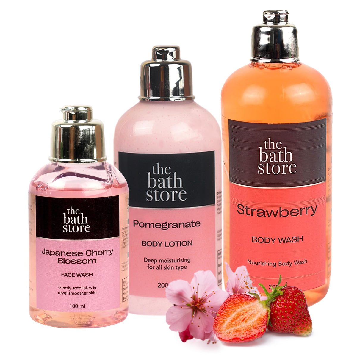 The Bath Store (Face Wash + Body Wash + Body Lotion) Pack of 3 | Japanese Cherry Blossom Face Wash | Pomegranate Body Lotion | Strawberry Body Wash | For Men & Women - all Skin Types