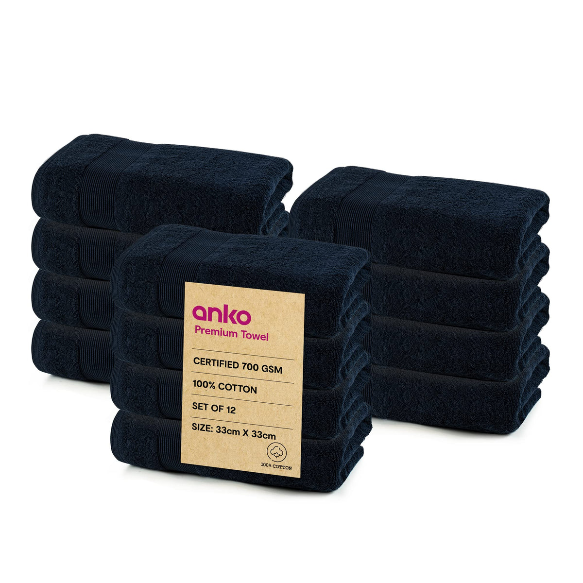 Anko Australia 100% Cotton 700 GSM Plush Face Towel | Set of 12 | Super-Soft, Absorbent, Quick-Drying | Navy Blue Towel for Men, Women & Kids | 33x33 cm |Travel, Gym, Spa Towel