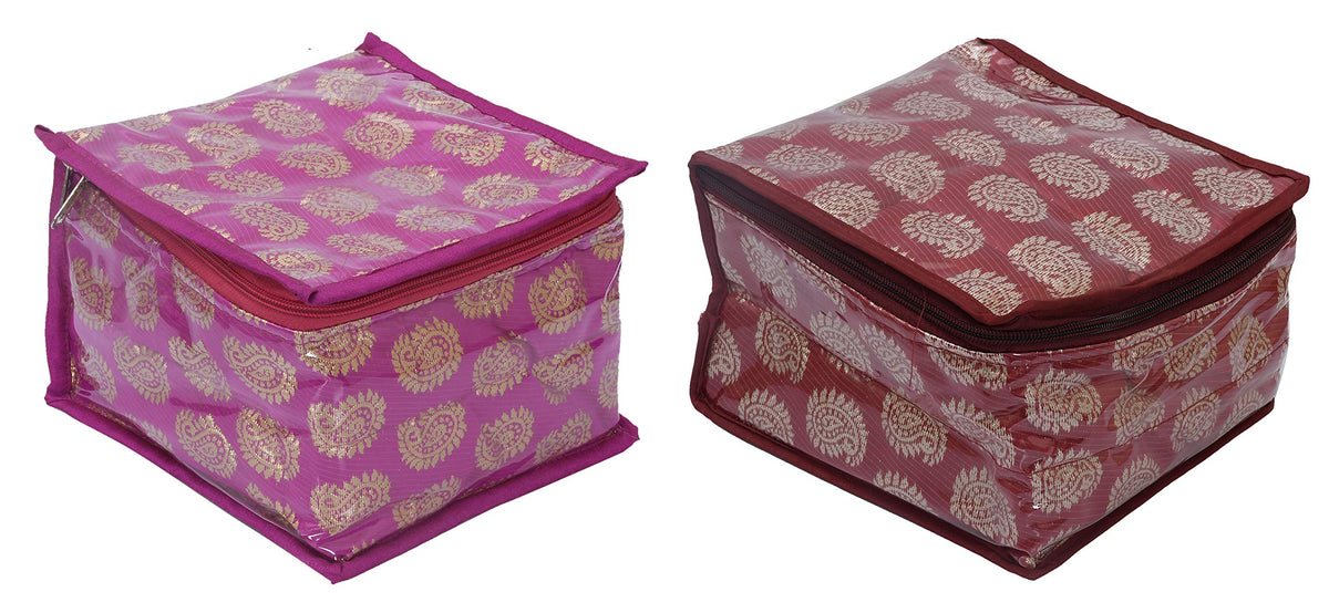 Kuber Industries Brocade Fabric Jewellery Box/Organizer with 10 Transparent Pouches (Red & Pink)-Pack of 2-KUBMART15353