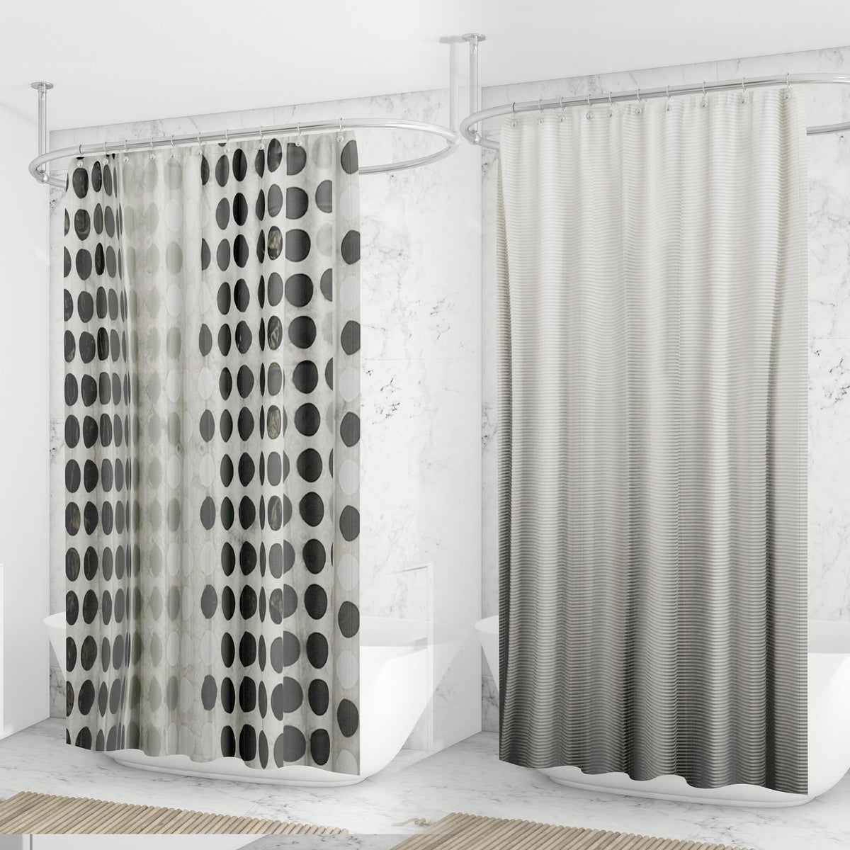 Anko Polyethylene Vinyl Acetate (PEVA) Shower Curtain- Set of 2 with 24 white K-Resin Curtain Rings | Curtain: 180 Cm (L) x 180 Cm (W) (2 Pc), Rings: 7.5 Cm x 6.5 Cm x 4.5 Cm| Polka and twilight Print