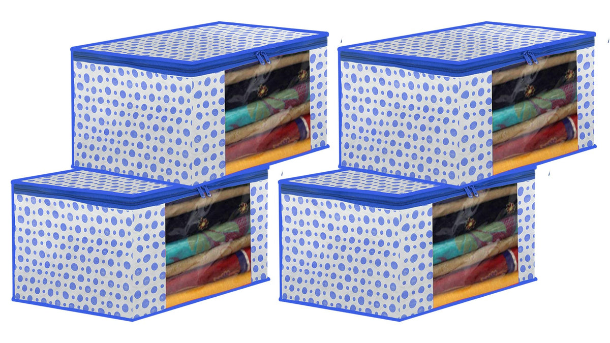 Kuber Industries Dot Printed Foldable, Lightweight Non-Woven Saree Cover/Organizer With Tranasparent Window- Pack of 4 (Blue)-46KM0495