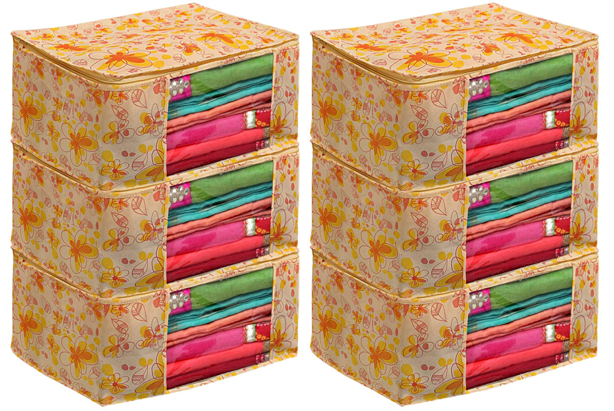 Kuber Industries Flower Printed Non-Woven Saree Cover With Tranasparent Window- Pack of 6 (Yellow)-HS43KUBMART26123