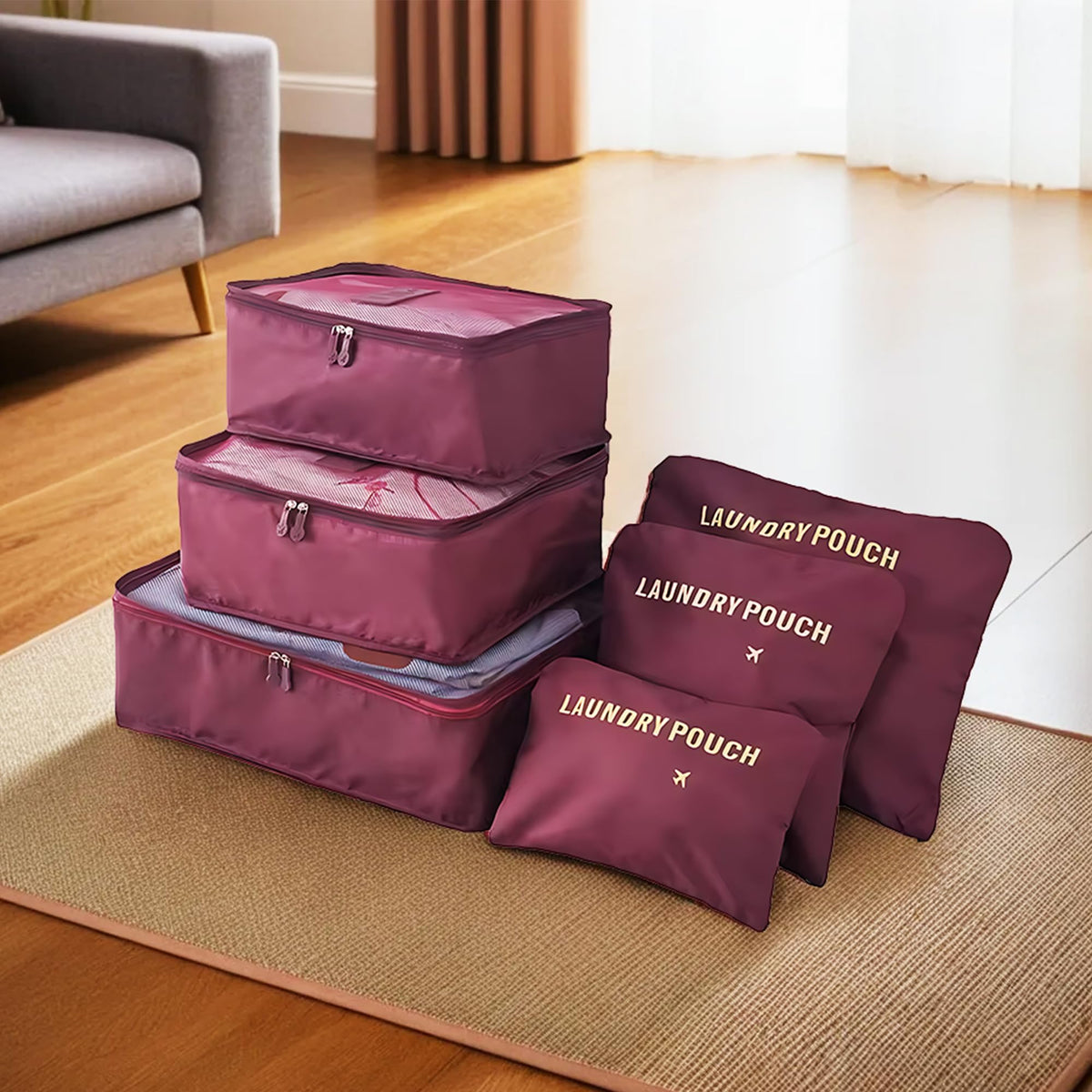 UMAI 6-piece Vacuum-Compressed Travel Organizer + Pouch Packing Cubes | Cosmetics/Laundry/Socks/Shoes Organizer Pouch|Waterproof, Lightweight, Foldable Storage Bag | Maroon