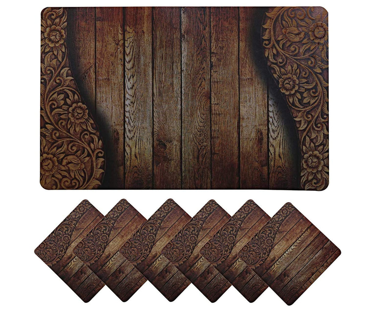 Kuber Industries Wooden Design PVC 6 Piece Dining Table Placemat Set with Tea Coasters (Brown)-CTKTC032180