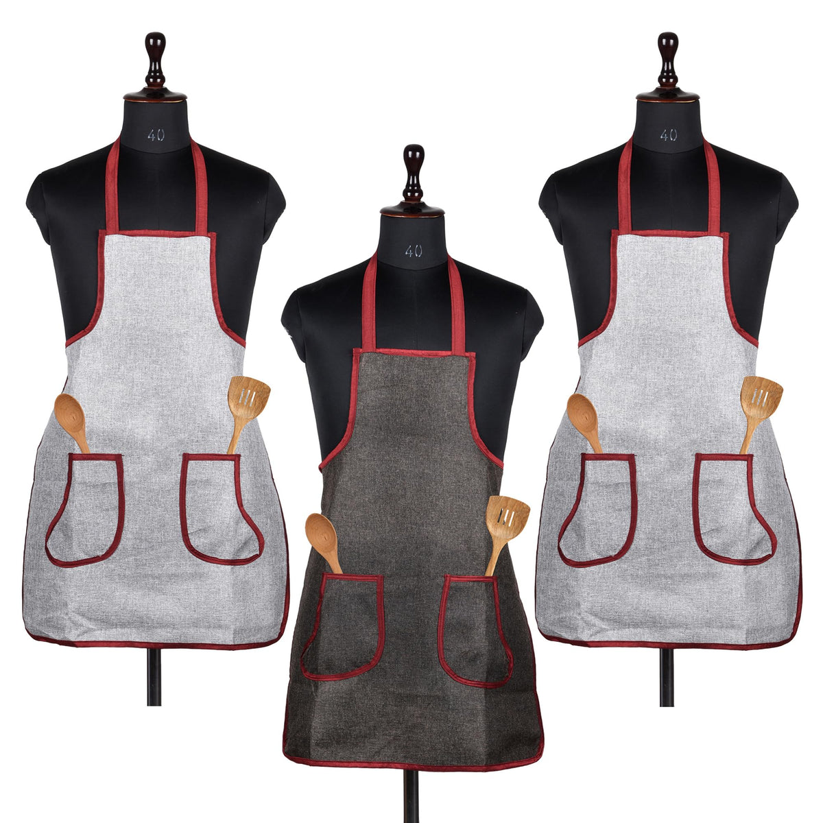 Kuber Industries Apron | Jute 2 Front Pocket Kitchen Apron | Apron for Restaurent | Apron for Housewife | Chef Apron for Kitchen | Water Resistance Apron | Pack of 3 | Multi