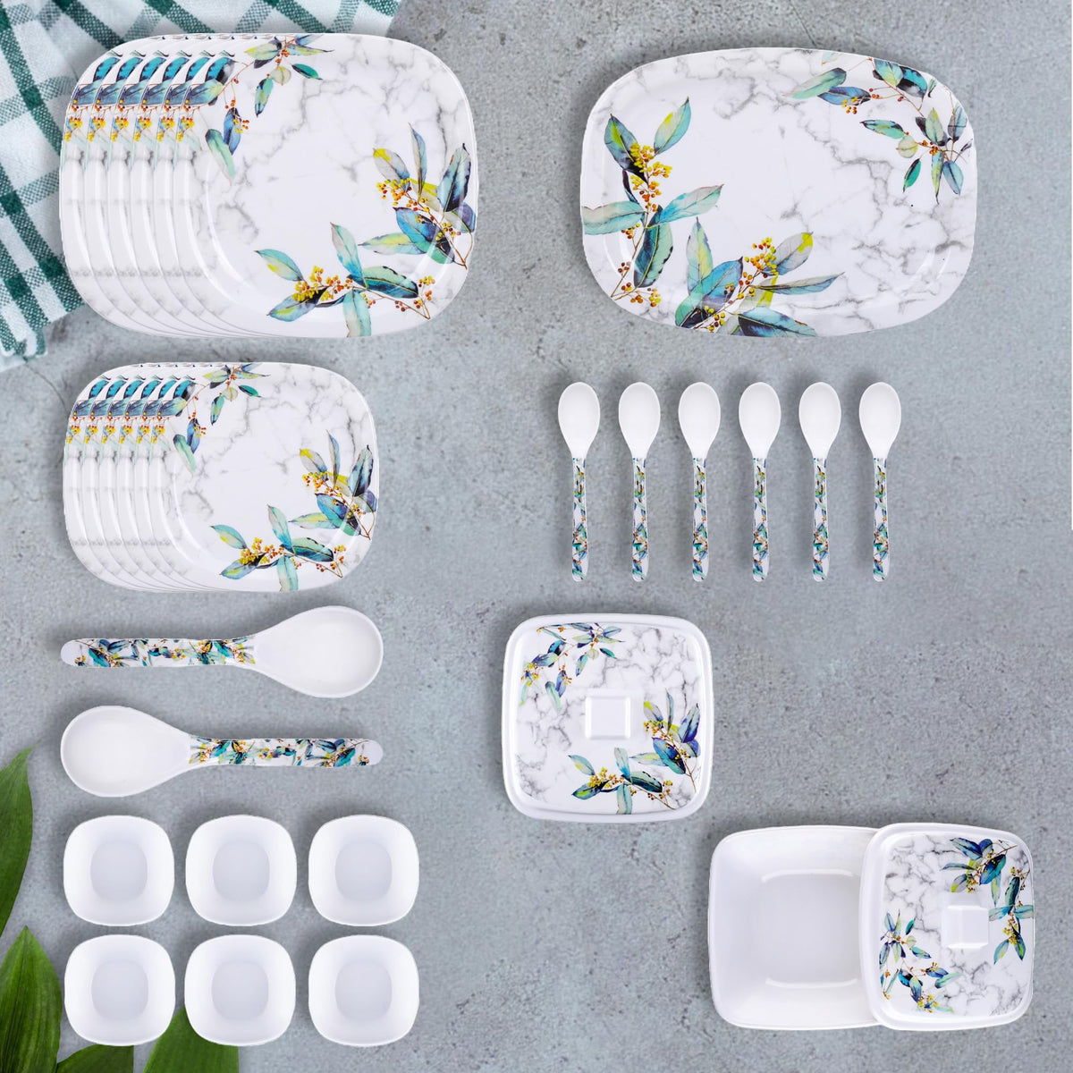 USHA SHRIRAM Melamine Dinner Set (31 Pcs) | Kitchen Set for Home | Unbreakable Plates and Bowls Set | Dinner Ware Set | Dinner Ware Set | Fiber Dinner Set | Gift for Marriage (Blue Marble)