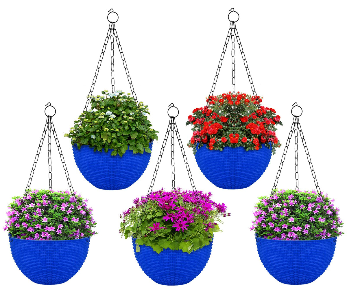 Kuber Industries Plastic Hanging Flower Pot for Balcony & Railing Set of 5 (Blue)-20x20x59 cm