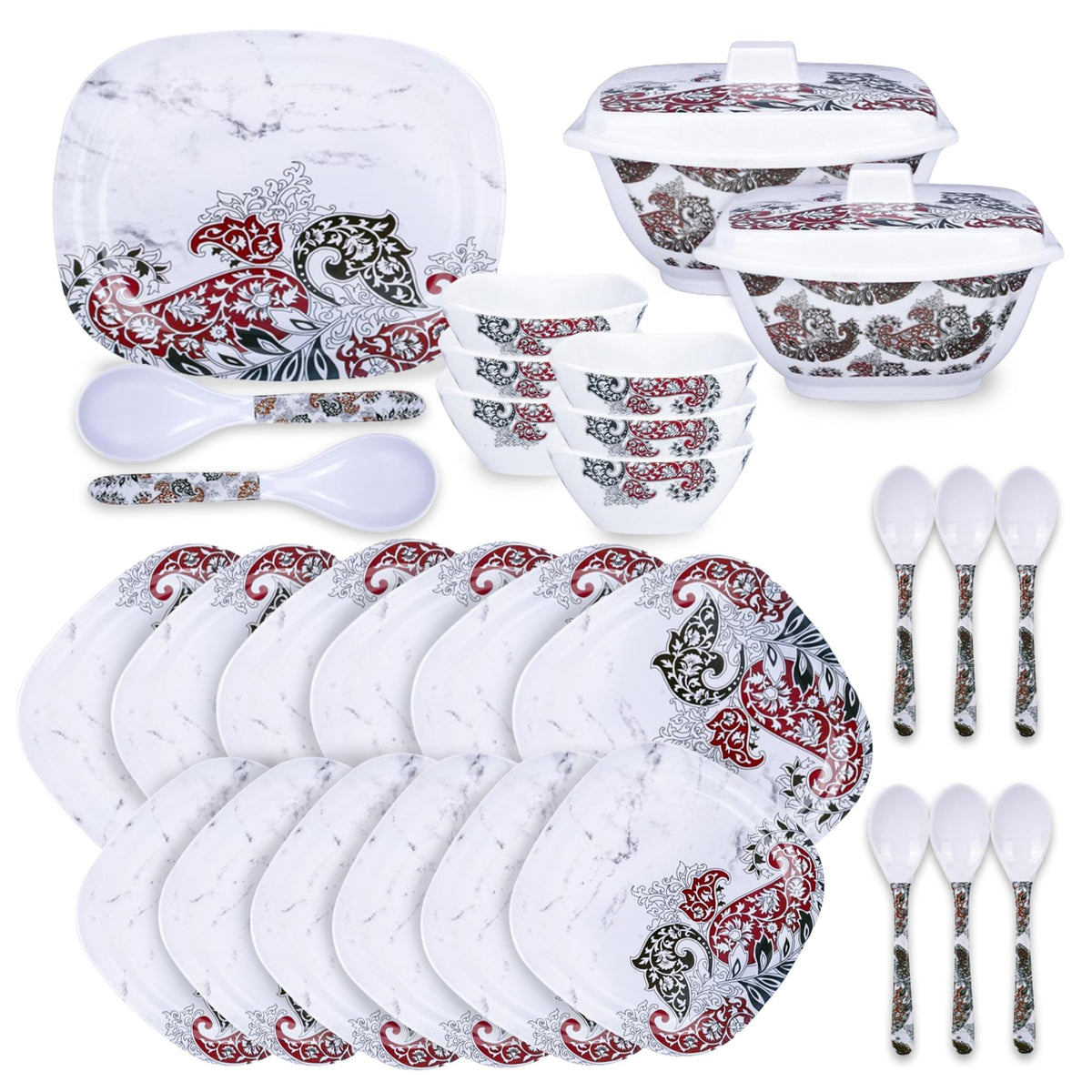 Kuber Industries 31 Pieces Square Unbreakable Microwave & Dishwasher Safe Melamine Dinnerware Kitchen Crockery Set | Glossy Dinner Sets & Kitchen Set for Home | Keri Floral - White Bowl