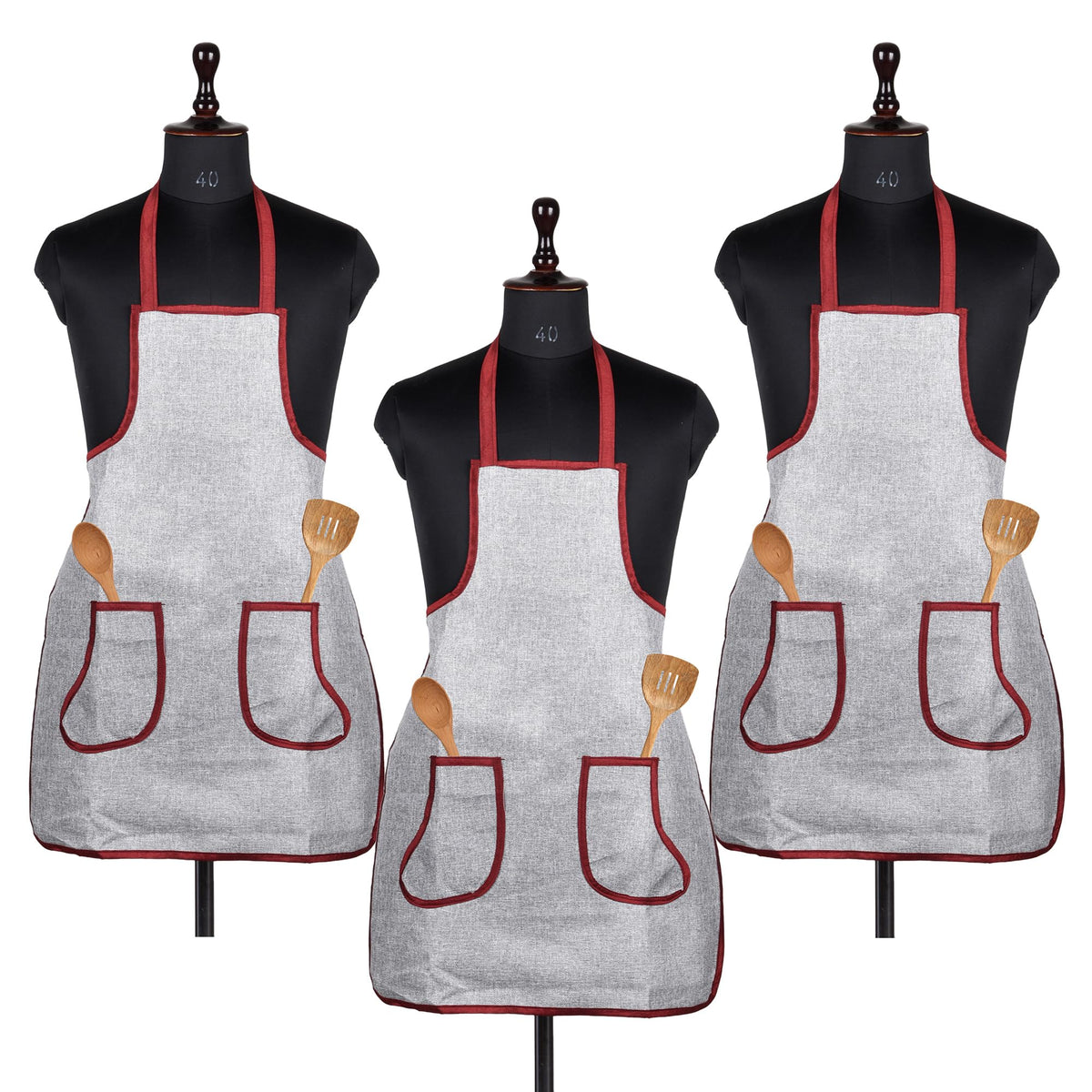 Heart Home Apron | Jute 2 Front Pocket Kitchen Apron | Apron for Restaurent | Apron for Housewife | Chef Apron for Kitchen | Water Resistance Apron | Pack of 3 | Silver