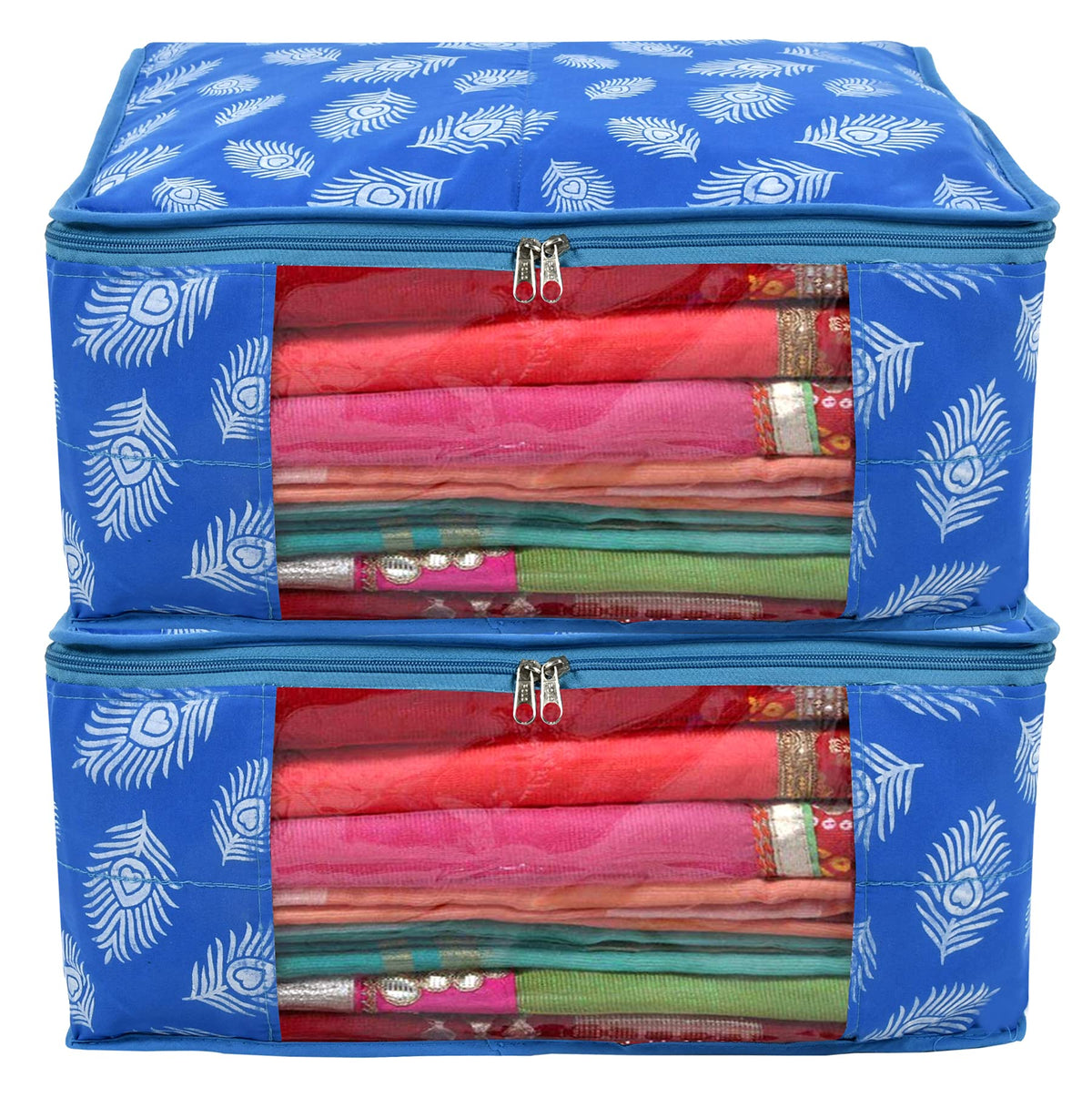 Kuber Industries Leaf Printed Saree Cover/Clothes Organiser For Wardrobe With Transparent Window, Pack of 2 (Blue) (HS39KUBMART023659)