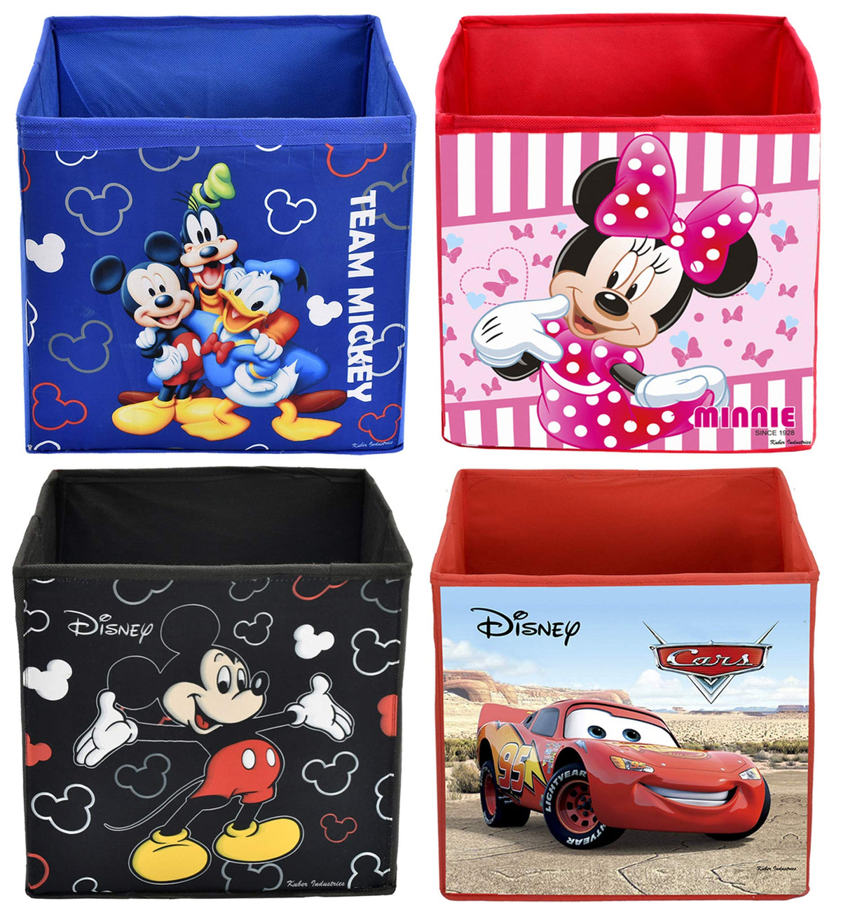 Kuber Industries Disney Print Non Woven Fabric 4 Pieces Foldable Large Size Cloth Storage Box Toy, Books Wardrobe Organiser Cube with Handle (Black & Brown & Royal Blue & Pink) - KUBMART02384