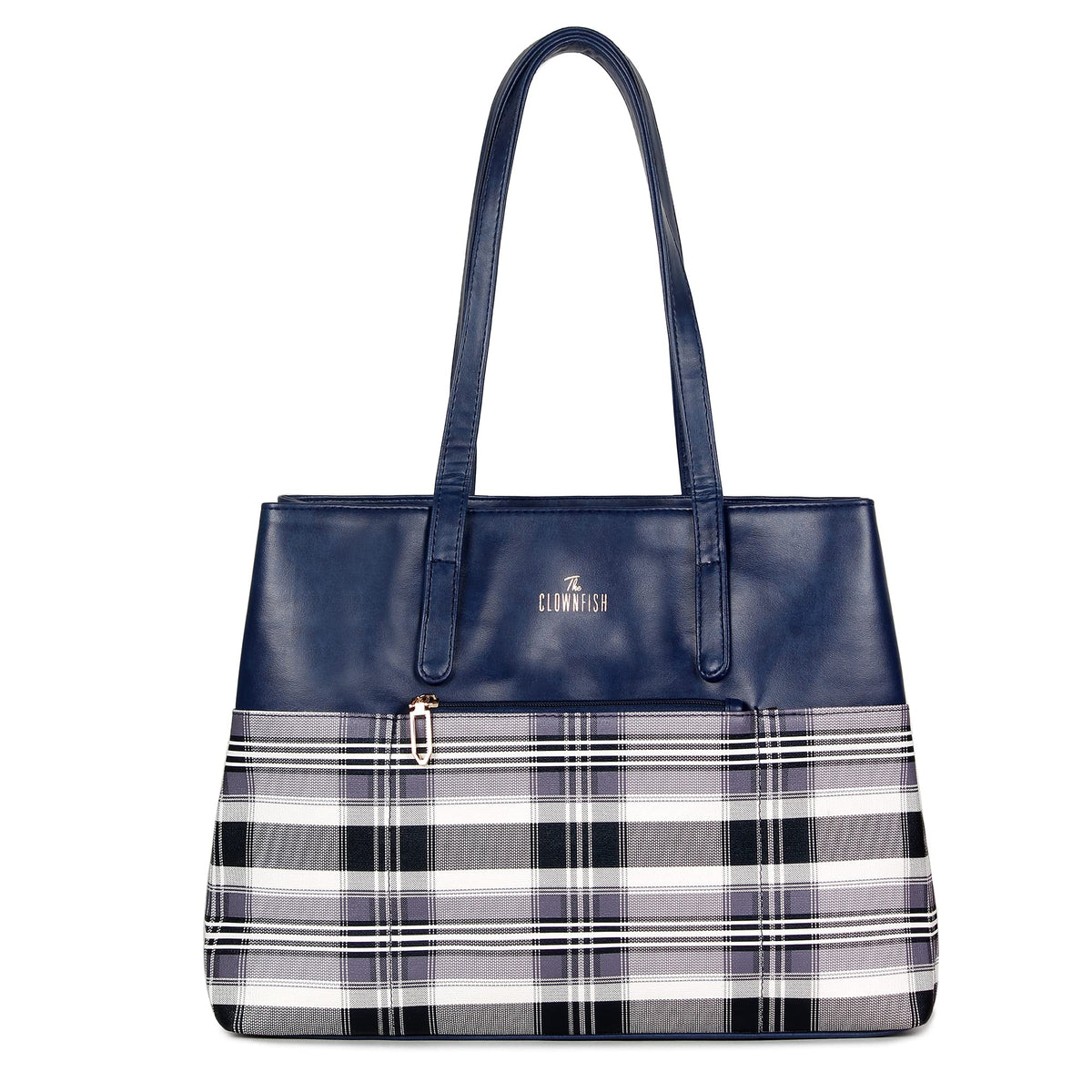 THE CLOWNFISH Gloria Handbag for Women Office Bag Ladies Shoulder Bag Tote For Women College Girls (Checks Design- Navy Blue)