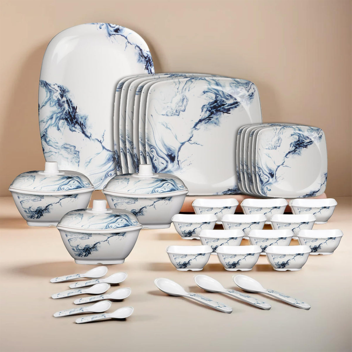 Thermador Melamine 40 Pcs Dinner Set | Crockery Set |6 Dinner Plates, 6 Small Plates, 1 Serving Tray, 3 Big Serving Bowls with Lid, 12 Small Bowls, 6 Spoons, 3 Serving Spoons (Blue White)