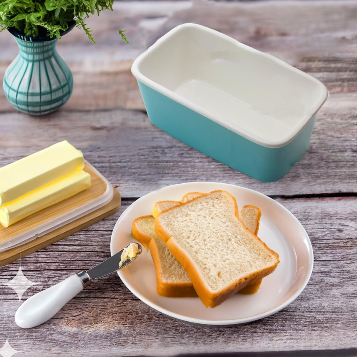 UMAI Ceramic Butter Dish with Lid & Knife (600ml) | Butter Box for Fridge | Wooden Airtight Lid with Sealed Silicone Ring | Butter Container | Cheese Box for Fridge| Butter Holder/Case (Light Blue)