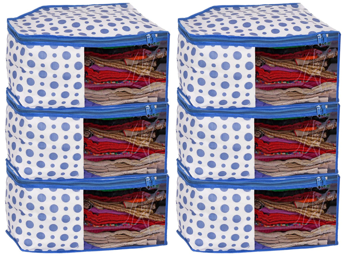 Kuber Industries Dot Printed Non-Woven Blouse Cover, Cloth Organizer, Wardrobe Organiser With Tranasparent Window- Pack of 6 (Blue)-46KM0310