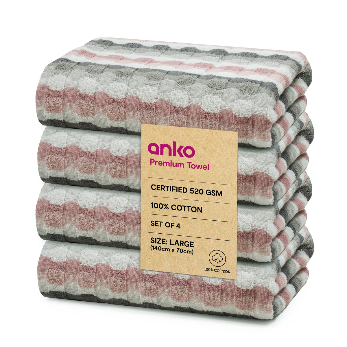 Anko Australia 100% Cotton 520 GSM Large Malmo Bath Towel | Set of 4 | Super-Soft, Absorbent, Quick-Drying | Pink & Grey Striped Towel for Men, Women & Kids | 140x70 cm |Travel, Gym, Spa Towel