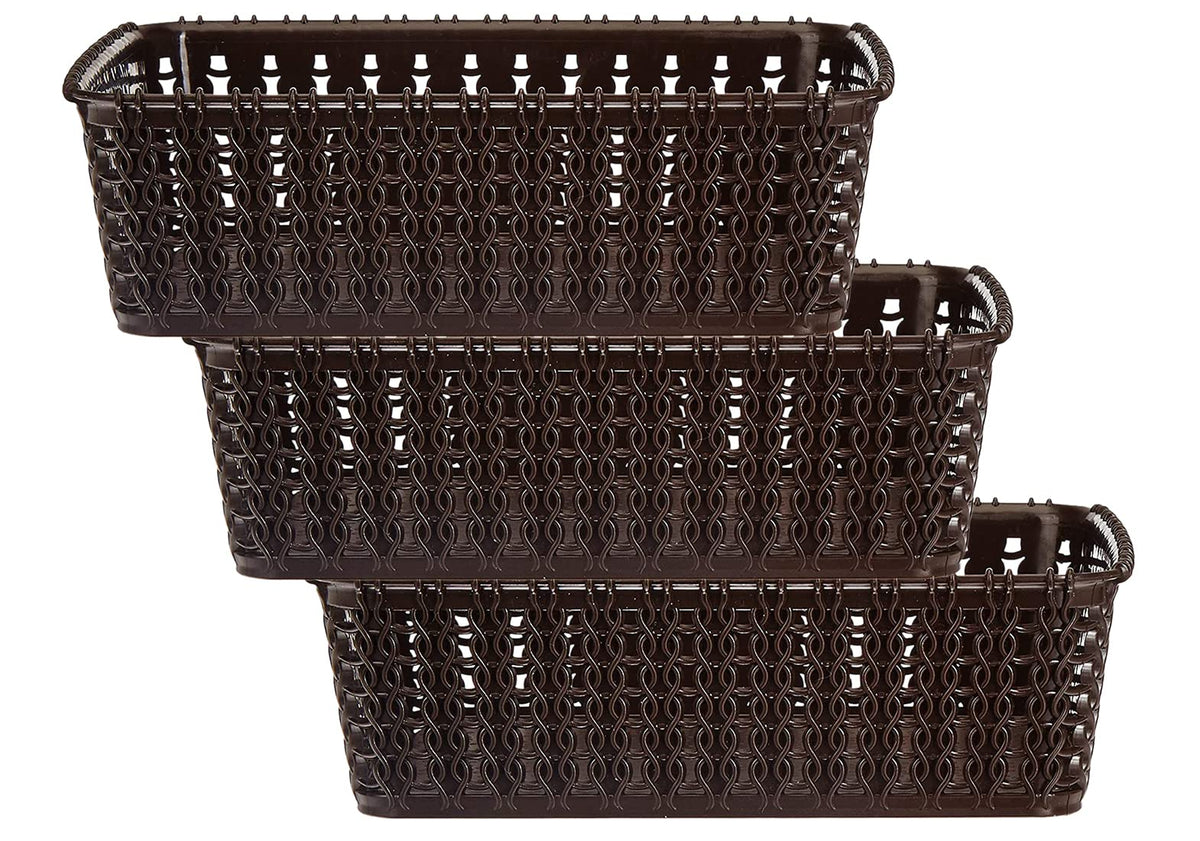 Kuber Industries Multipurposes Small M 15 Plastic Basket, Organizer For Kitchen, Countertops, Cabinets, Bathrooms Without Lid- Pack of 3 (Brown) -46KM0114