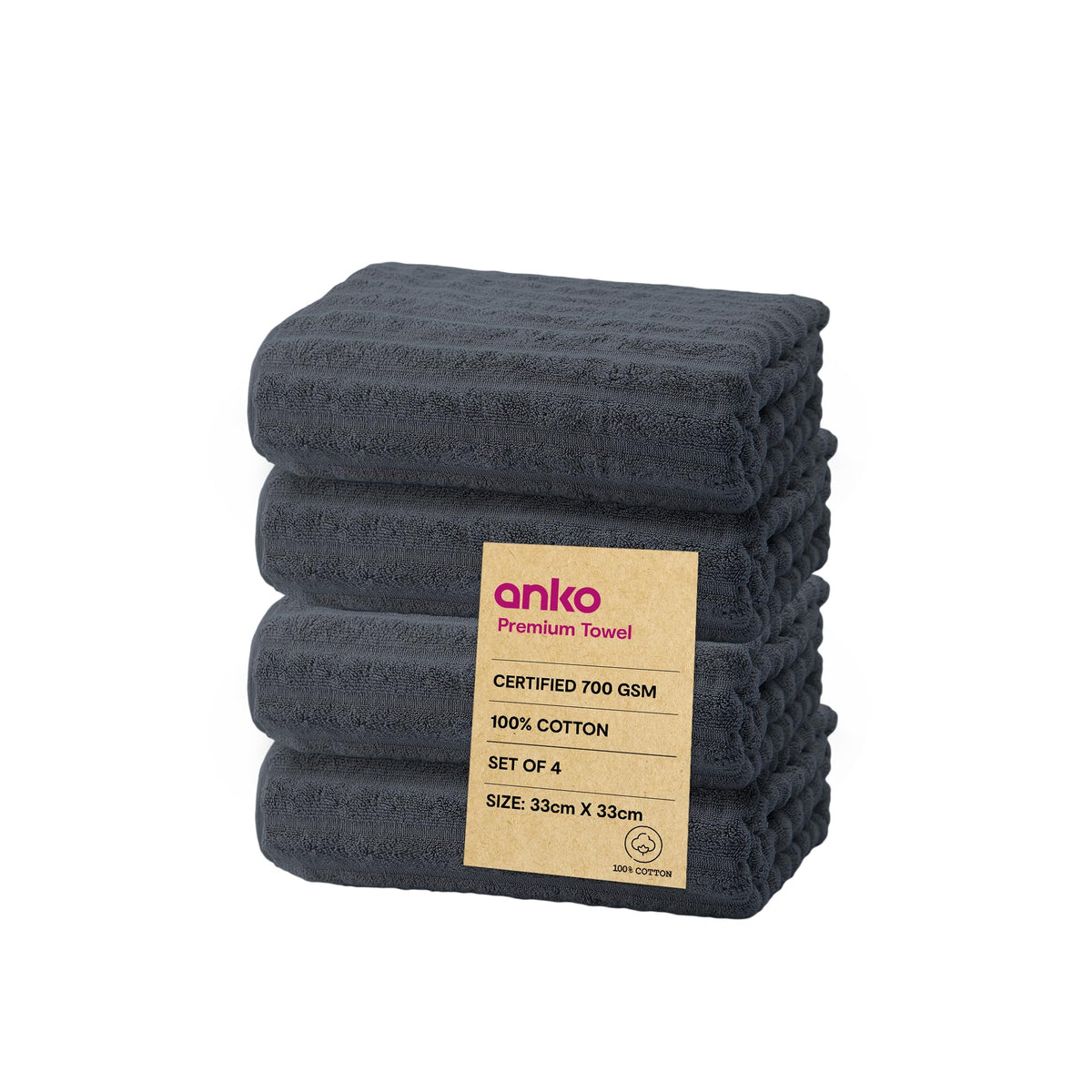 Anko Australia 100% Cotton 700 GSM Ribbed Face Towel | Set of 4 | Super-Soft, Absorbent, Quick-Drying | Dark Grey Towel for Men, Women & Kids | 33x33 cm |Travel, Gym, Spa Towel