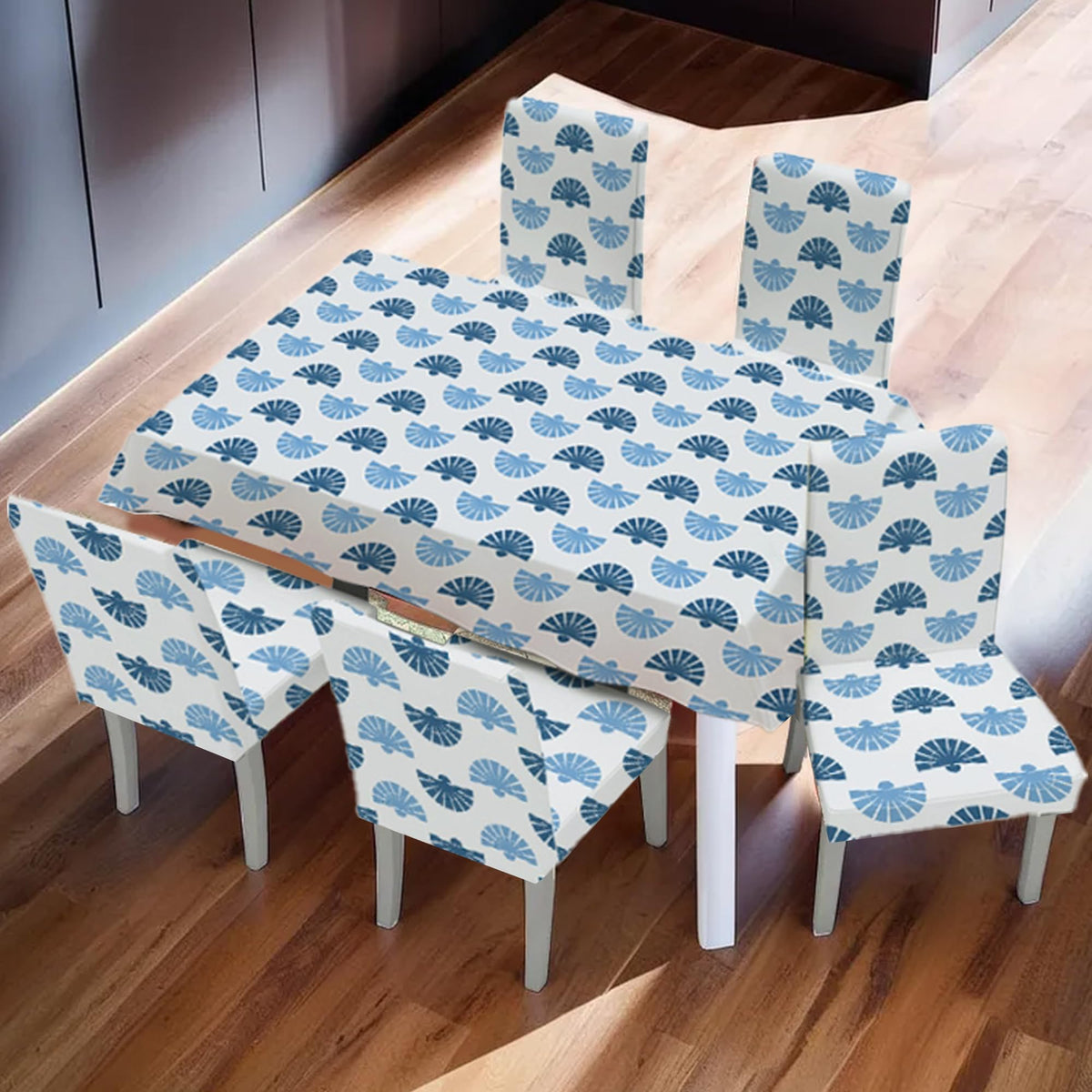 UMAI Dining Table Cloth | Dining Table Cover 6 Seater Cover Set | Water Proof Cloth Dust and Oil Repellent Washable | 6 Chairs 1 Table Cover| Blue Printed Design