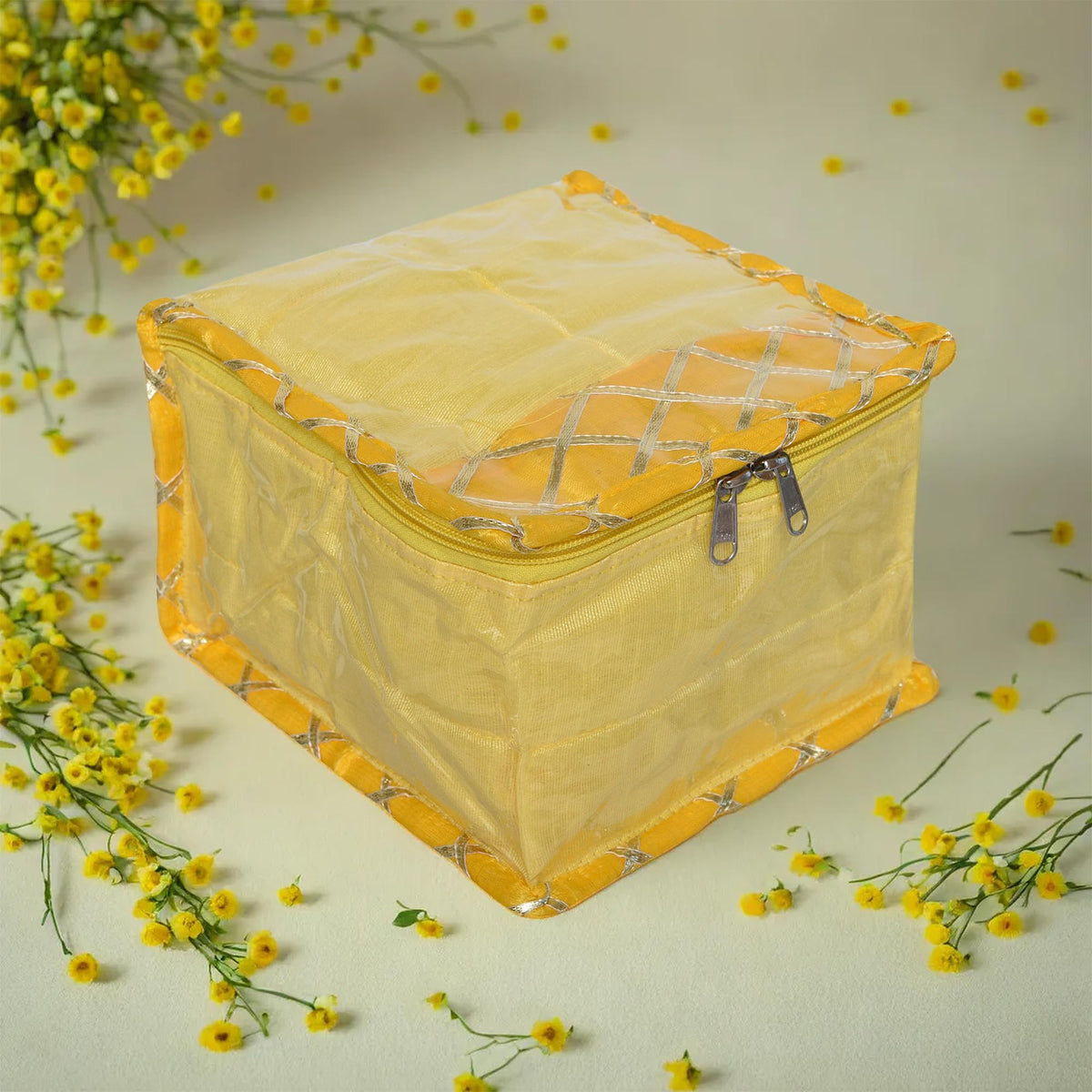 Kuber Industries Makeup Storage Bag | Locker Makeup Kit | Cosmetic Kit for Travel | Makeup Kit for Woman | 10 Detachable Pouch | Gota Check Jewellery Organizer | Small | Yellow